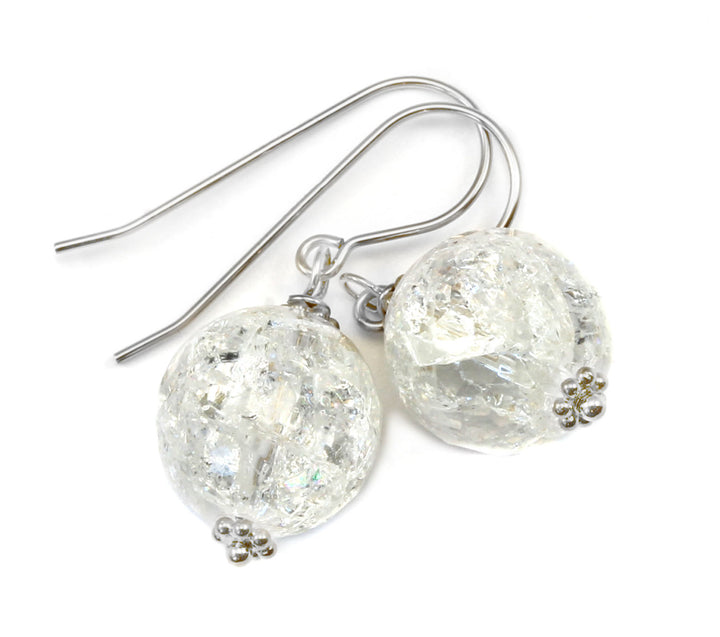 Crackle Clear Quartz Earrings Sterling Silver or 14k solid Gold or Filled  Round Cut Faceted Natural Quartz Mosaic Round Beaded Accent Drops