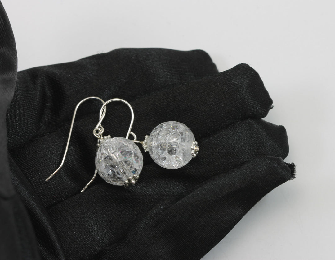 Crackle Clear Quartz Earrings Sterling Silver or 14k solid Gold or Filled  Round Cut Faceted Natural Quartz Mosaic Round Beaded Accent Drops