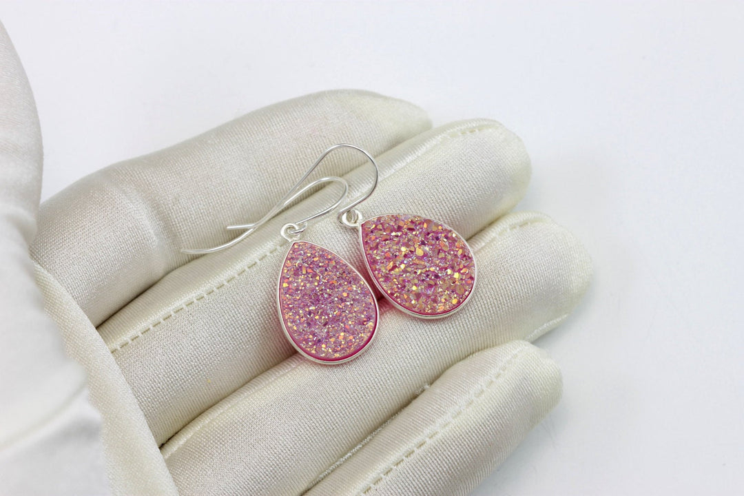 Pink Drusy Earrings Druzy Large Teardrops Sterling Silver or 14k Solid Gold or Filled Bezel Set Simple Drops Fuchsia Pink Daily Sparkly