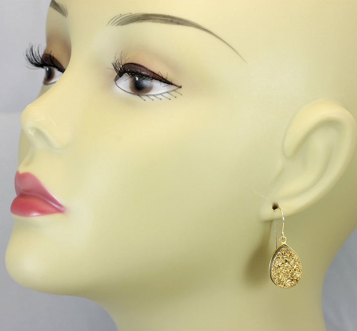 Golden Drusy Earrings Druzy Teardrop Shape 14k solid yellow gold or filled French Large Bezel Simple Drops Fine Druse Quartz Spyglass Design