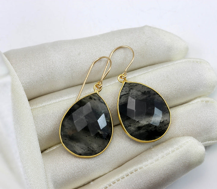 Black Rutile Tourmalated Quartz Earrings 14k Solid Gold or Filled Faceted Large Long Rutilated Drop Teardrop  AAA Bezel Setting Long Select