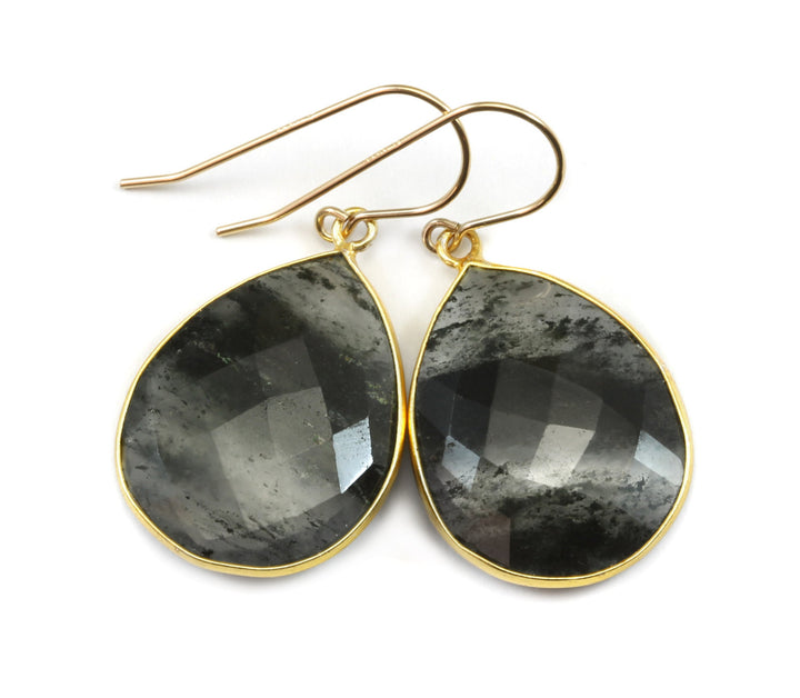 Black Rutile Tourmalated Quartz Earrings 14k Solid Gold or Filled Faceted Large Long Rutilated Drop Teardrop  AAA Bezel Setting Long Select