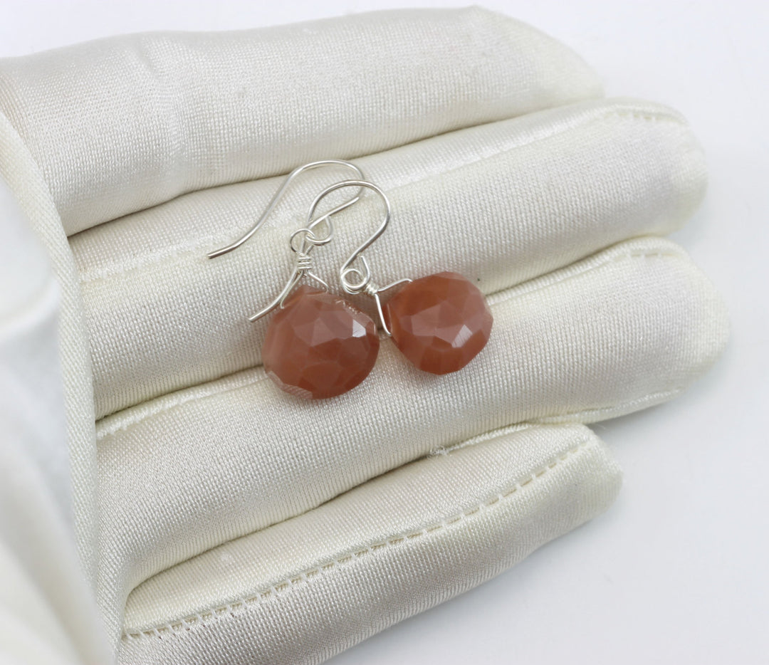 Peach Moonstone Earrings Sterling Silver or 14k solid Gold or Filled Faceted Heart Teardrops  Everyday Dainty Peachy Shimmery Natural Drops