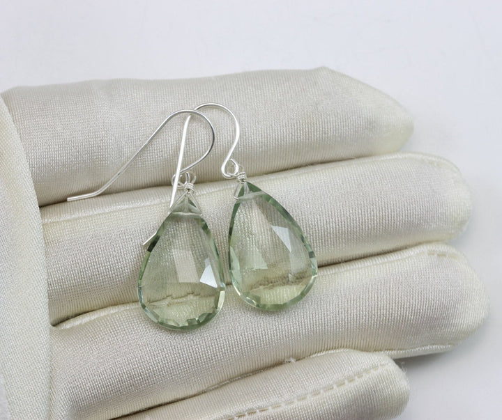 Green Amethyst Earrings Prasiolite Faceted AAA Pear Teardrop 14k Solid Gold or Filled or Sterling Silver Large Fat Drop Classic Briolettes
