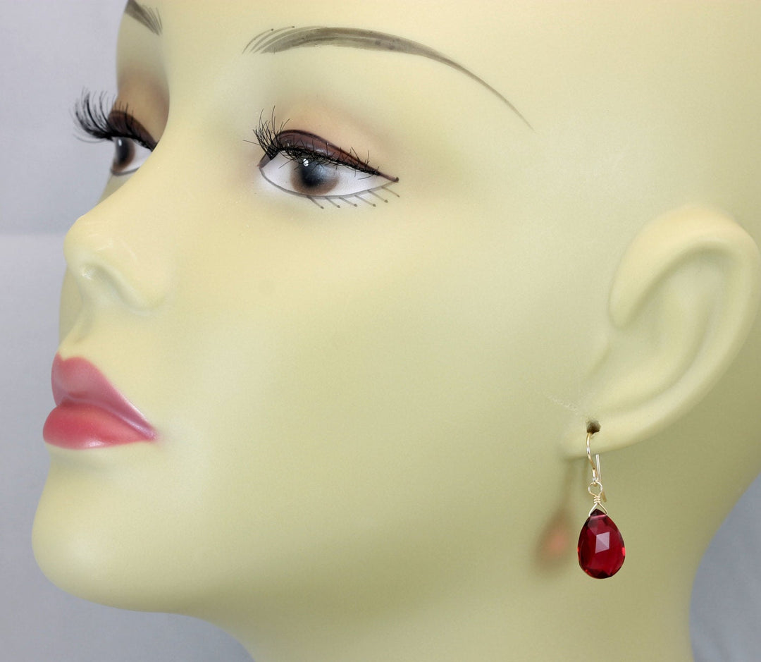 Red Pink Earrings Faceted Pear Simulated Sapphire Teardrop Drop Dangle Sterling Silver or 14k Gold Filled Red Fuchsia Magenta drops