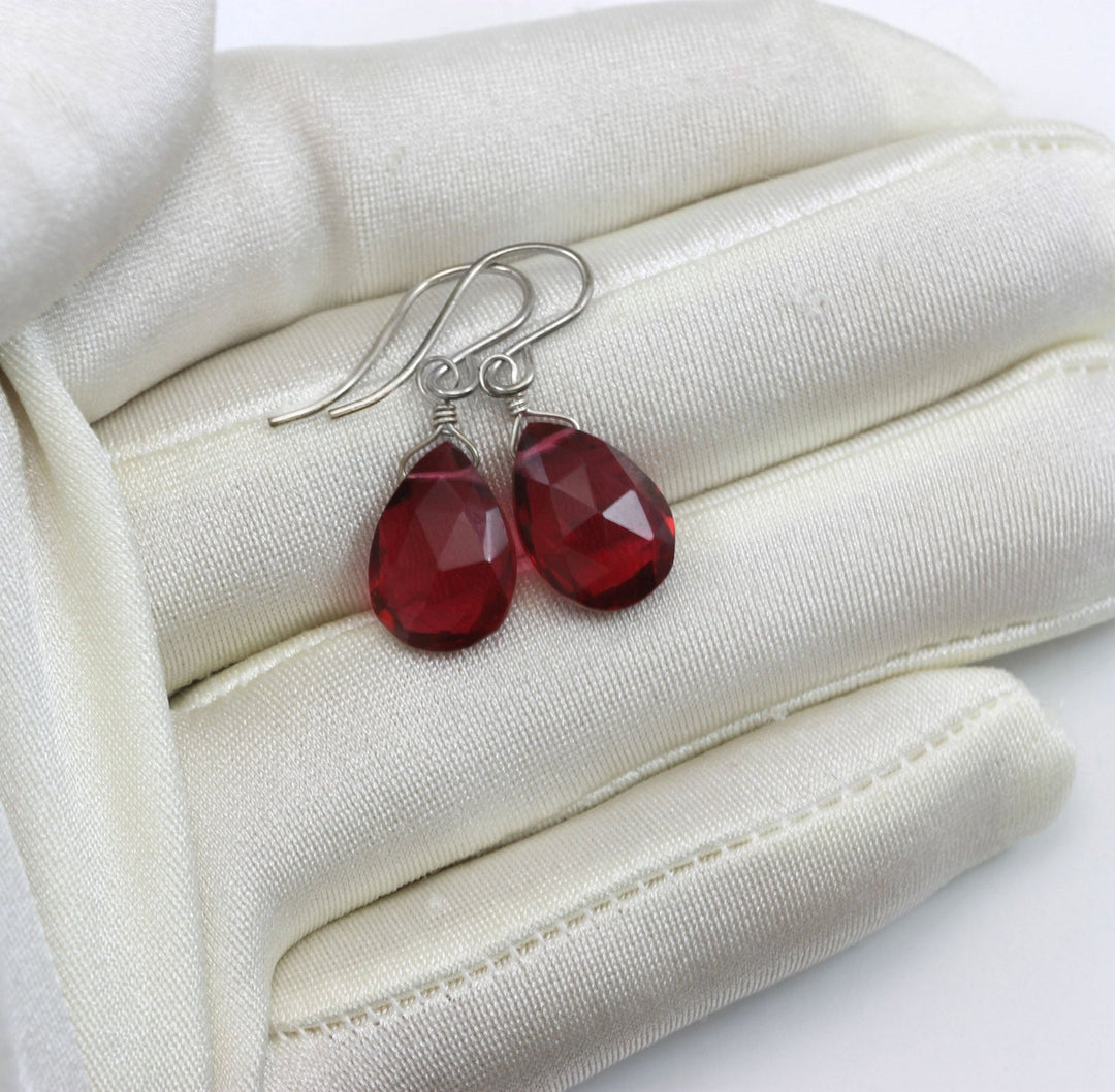 Red Pink Earrings Faceted Pear Simulated Sapphire Teardrop Drop Dangle Sterling Silver or 14k Gold Filled Red Fuchsia Magenta drops