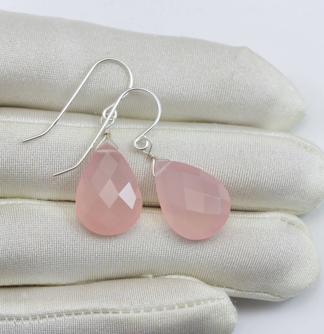 Pink Chalcedony Earrings Sterling Silver or 14k Solid Yellow Gold or Filled Faceted Teardrop Large Pear Cut Pale Soft Pink Natural Classic