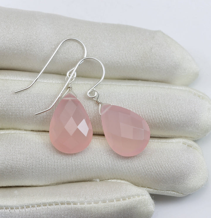 Pink Chalcedony Earrings Sterling Silver or 14k Solid Yellow Gold or Filled Faceted Teardrop Large Pear Cut Pale Soft Pink Natural Classic
