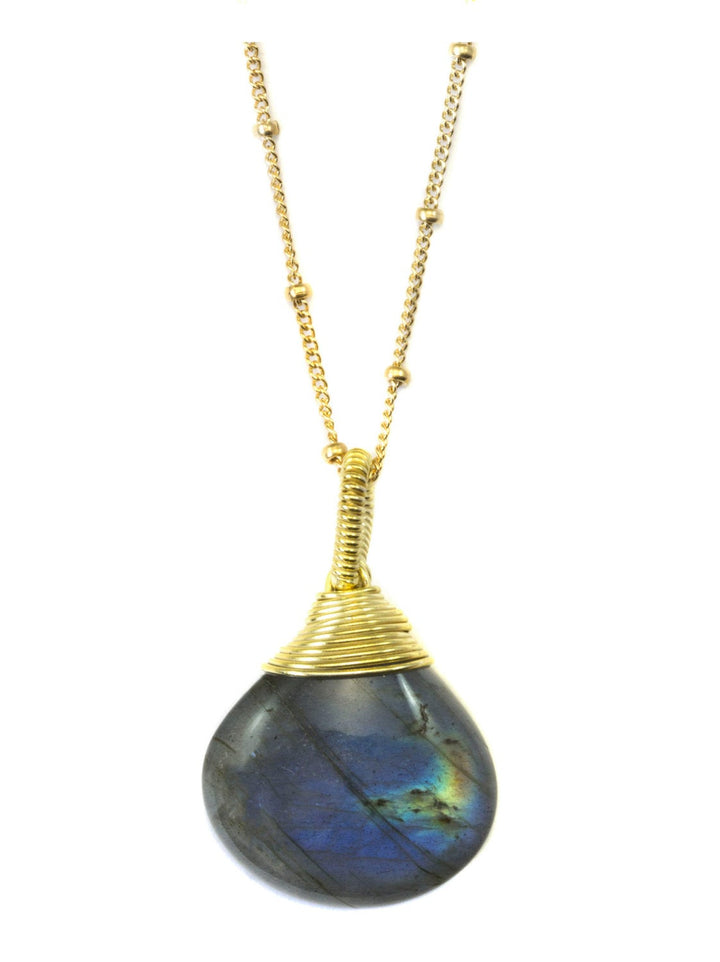 Labradorite Necklace Pendant Teardrop wire wrapped  14k Gold Filled 18 Inch Blue Flash Large Beaded Chain Curb Link