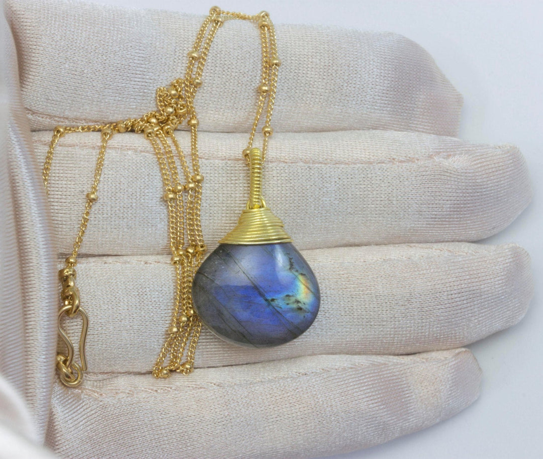 Labradorite Necklace Pendant Teardrop wire wrapped  14k Gold Filled 18 Inch Blue Flash Large Beaded Chain Curb Link