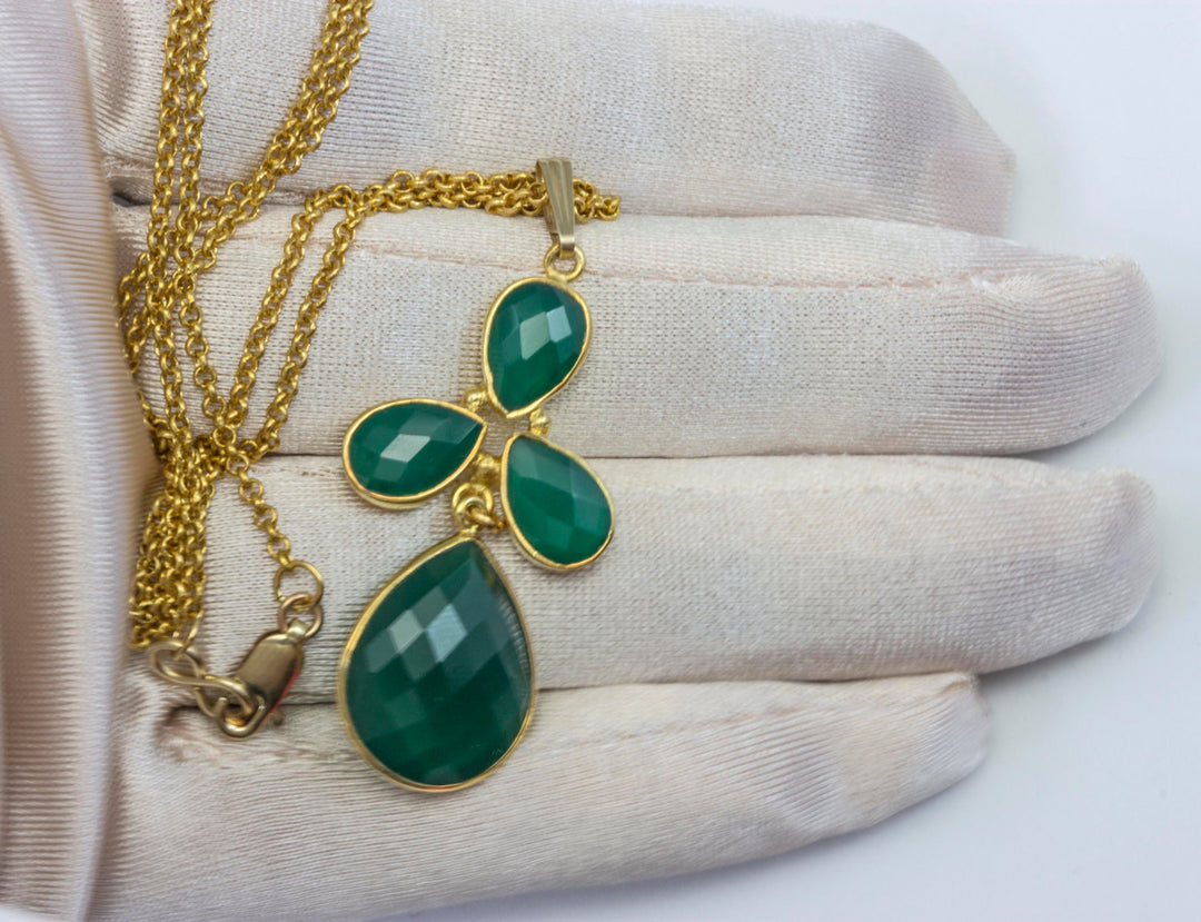 Green Onyx Necklace Pendant 14k Gold Filled Double Hung Bezel Set Teardrops 18 Inch Length Curb Chain Look of Green Emerald Lobster Clasp