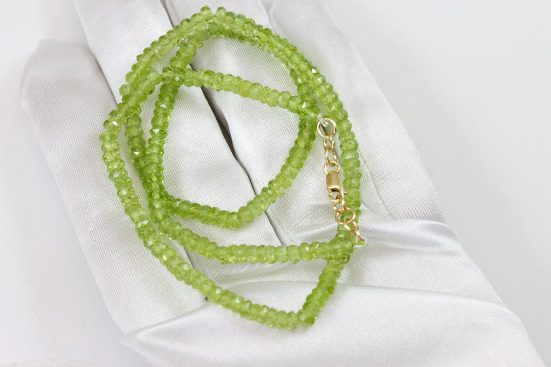 Green Peridot Necklace Natural Solid Strand 14k Gold Filled or Sterling Silver 18 19 Inch Soft Peridot Faceted Rondelles Beaded