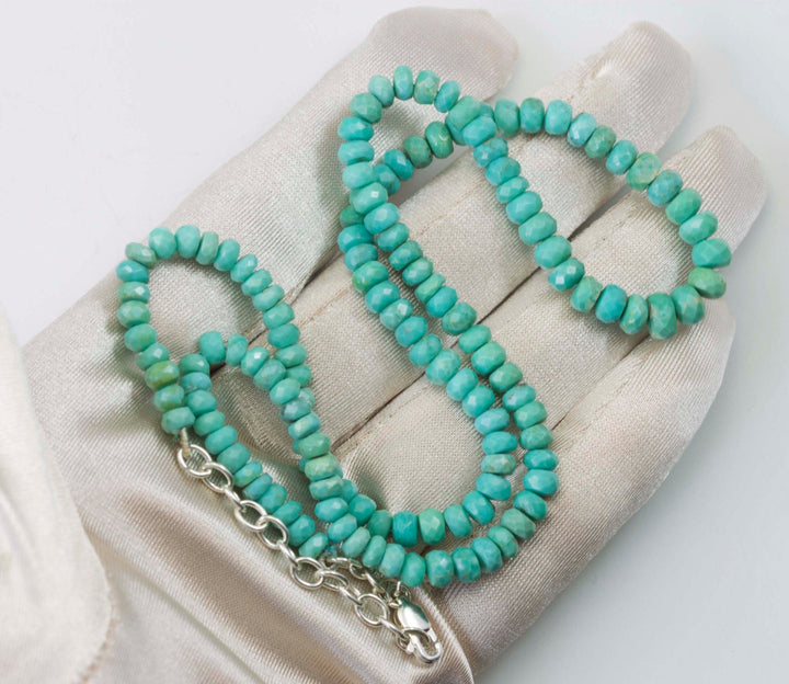 Blue Turquoise Necklace Faceted Solid Strand Link Beaded Sterling Silver 18 19 Inches natural stone everyday wear Light Blue 5mm Rondelles