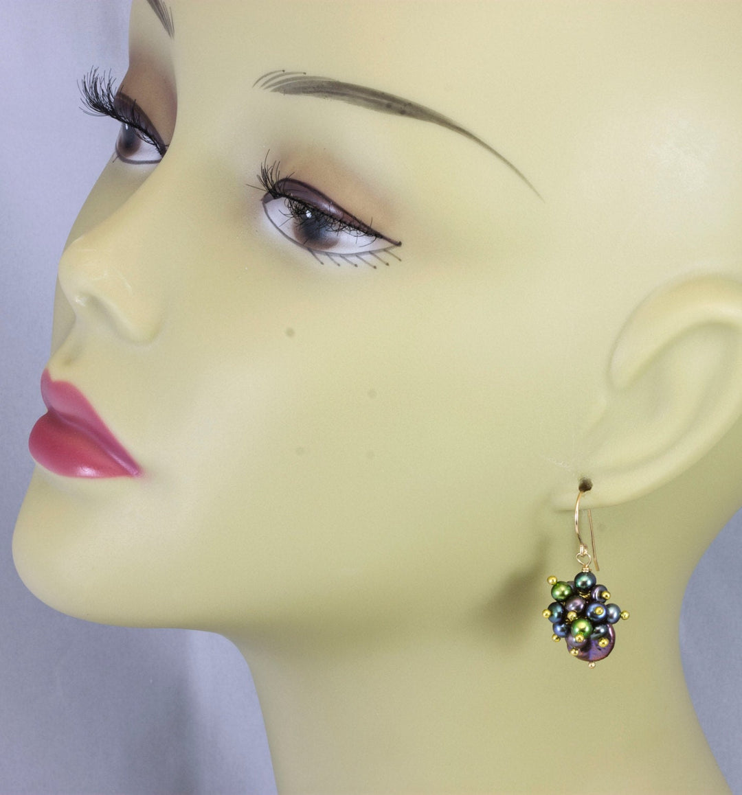 Peacock Pearl Earrings Cluster Pearls 14k Gold Filled Freshwater Cultured Classic Simple Iridescent Colors