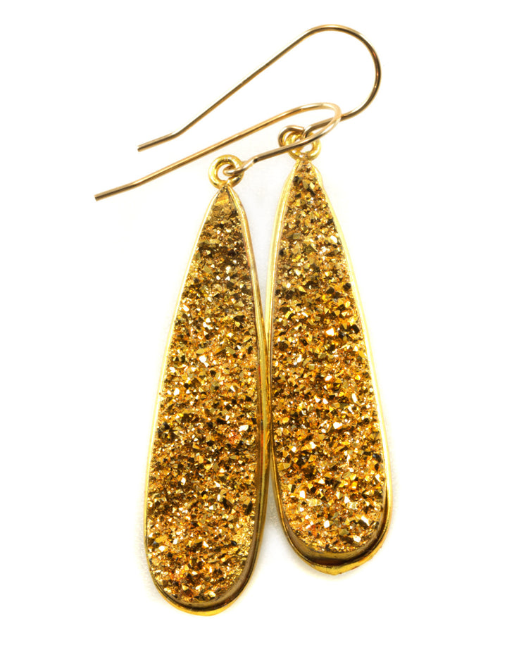 Golden Drusy Earrings Druzy Long Teardrop 14k Solid Gold or Filled Ear Wires Bezel Set Simple Drops Fine Druse Quartz Sparkly Natural 2 Inch