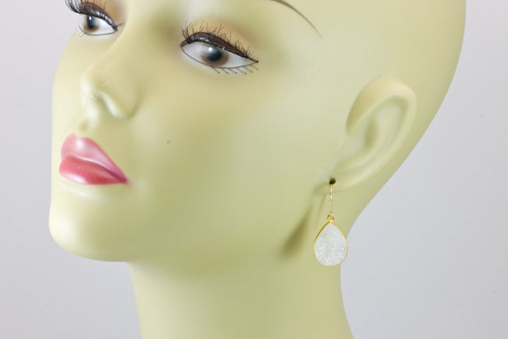 White Drusy Earrings Druzy Teardrop 14k solid gold or filled or sterling silver Large Bezel Simple Drops Fine Druse Quartz Spyglass Designs
