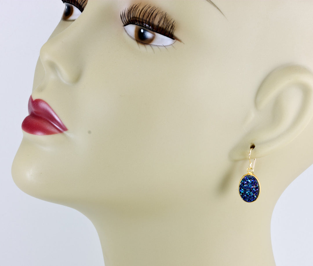 Peacock Blue Drusy Earrings Druzy Large Teardrop Oval 14k solid gold or filled or sterling silver Bezel Set Simple Drops High sparkle drops