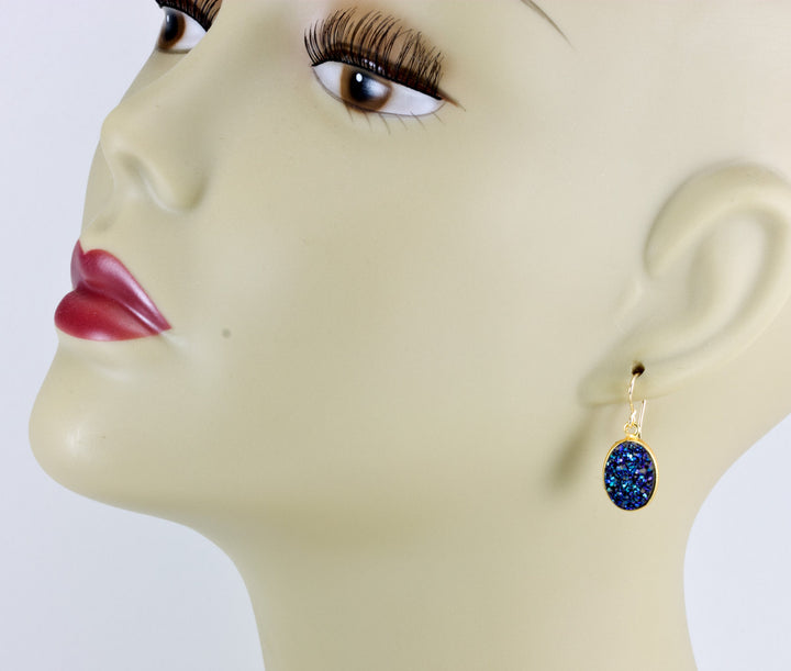 Peacock Blue Drusy Earrings Druzy Large Teardrop Oval 14k solid gold or filled or sterling silver Bezel Set Simple Drops High sparkle drops