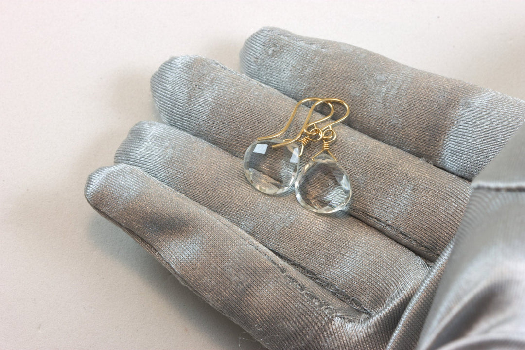 Crystal Clear Quartz Earrings Sterling Silver or 14k Solid Gold or Filled Heart Teardrop Dangle Faceted Simple Natural Dainty Everyday Drops