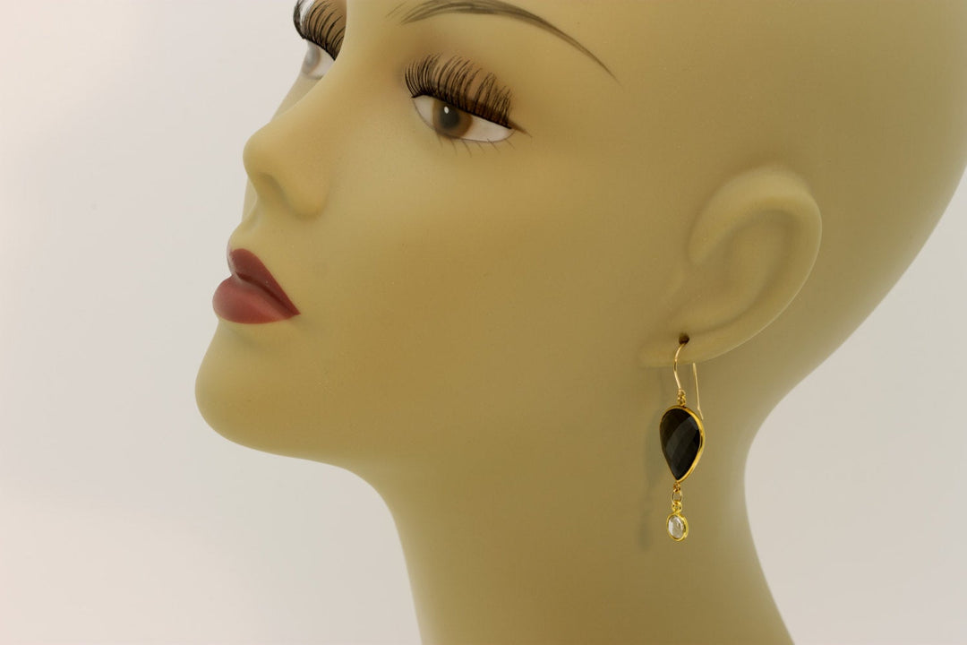 Black Spinel Earrings Bezel Set Faceted Teardrop 14k solid Gold or Filled French Earwire Large Double Hung Simple Drops Clear Quartz Puffed