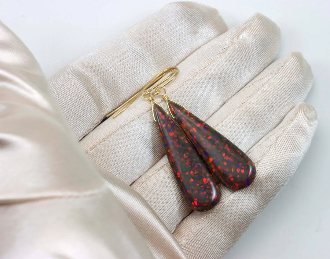 Fire Red Opal Earrings Long AAA Teardrops 14k Solid Gold or Filled or Sterling Silver 2 Inch AAA cut iridescent colors simple daily drops - Spyglass Designs