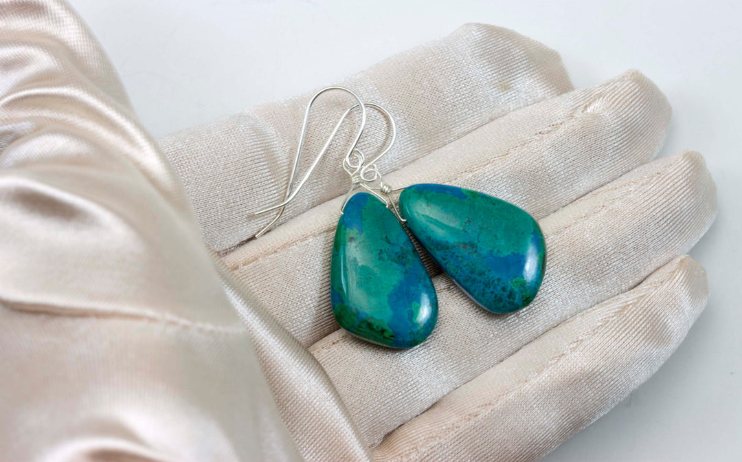 Chrysocolla Earrings Long AAA Teardrops 14k Solid Gold or Filled or Sterling Silver Smooth Green and Blue Natural  simple daily wear drops