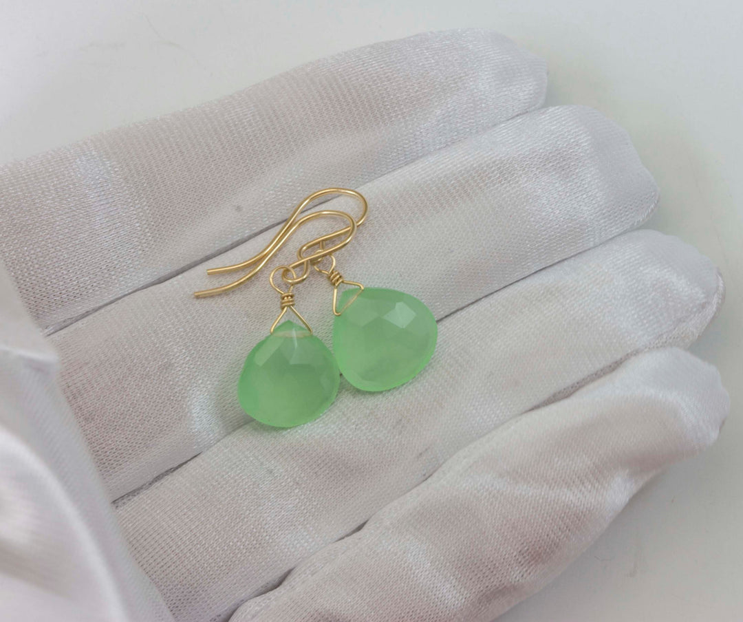 Prehnite Earrings Teardrop AAA Drop Dangle Sterling Silver or 14k Solid Gold or Filled Natural Faceted Heart Drops Simple Soft Green Light