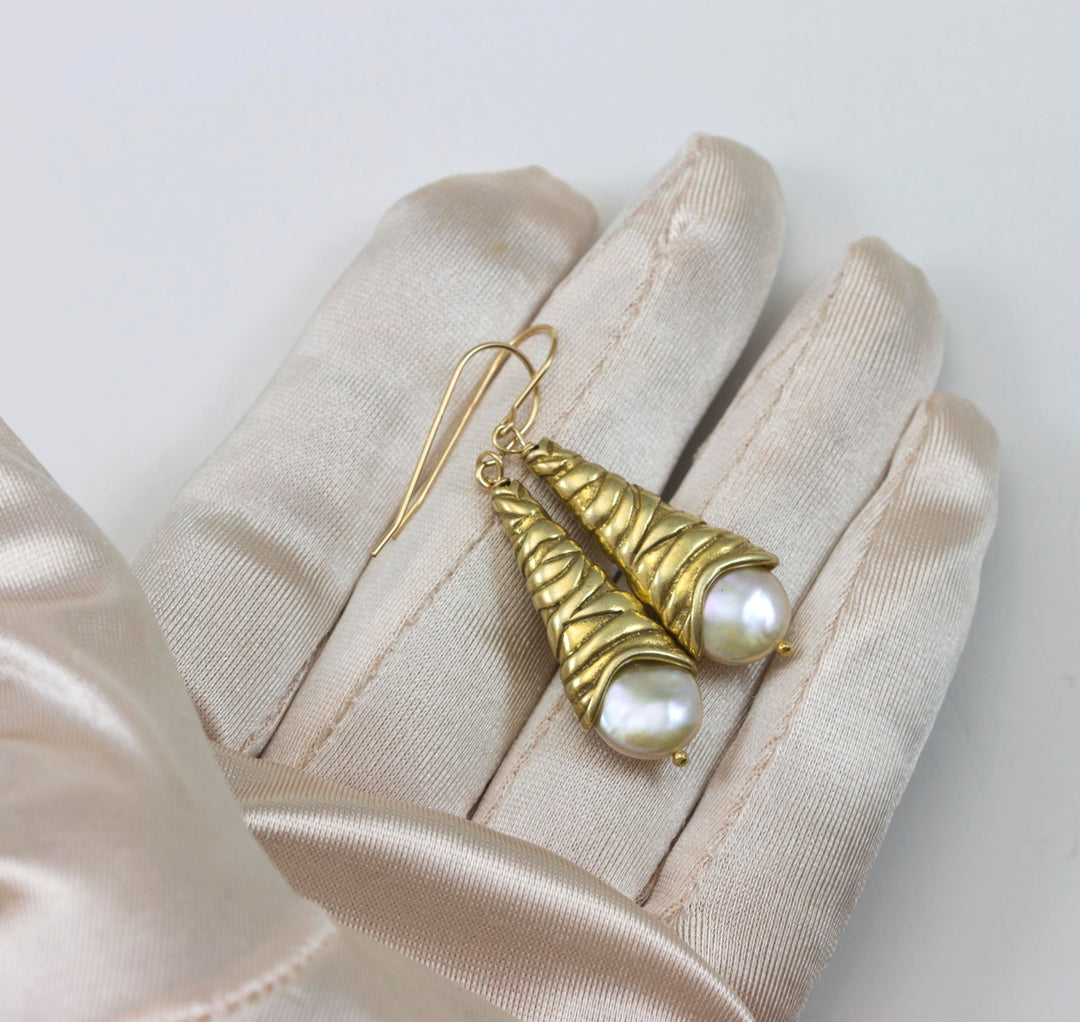 Pearl Earrings 14k gold filled Ear Wires and Vermeil Yellow Gold Cone Unique Drops Freshwater Cultured high luster pearls Earthy design