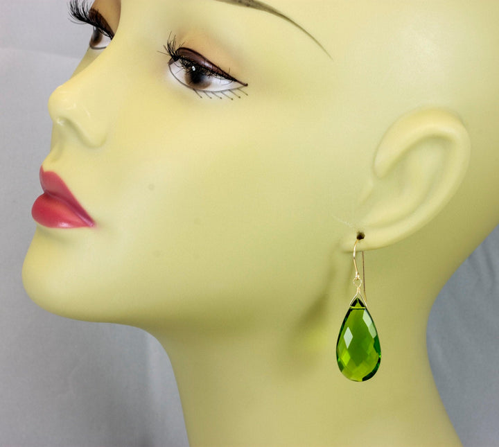 Peridot Green Earrings Sim Teardrop Large Dangle Quartz Drops Sterling Silver or 14k Solid Gold or Filled Faceted Pear Super Large Teardrops