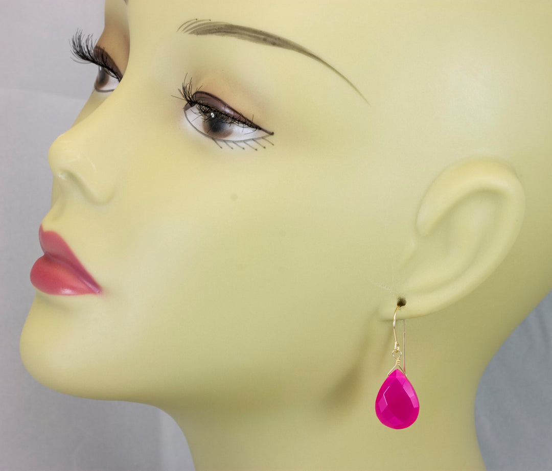 Hot Pink Chalcedony Earrings AAA Faceted Large Drops 14k Solid Gold or Filled or Sterling Silver Pear Fuchsia Magenta  Classic Drops