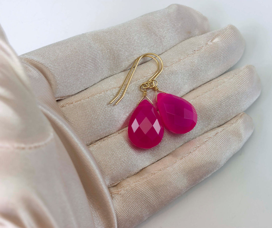 Hot Pink Chalcedony Earrings AAA Faceted Large Drops 14k Solid Gold or Filled or Sterling Silver Pear Fuchsia Magenta  Classic Drops
