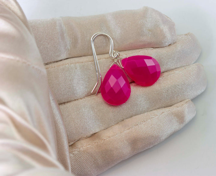 Hot Pink Chalcedony Earrings AAA Faceted Large Drops 14k Solid Gold or Filled or Sterling Silver Pear Fuchsia Magenta  Classic Drops
