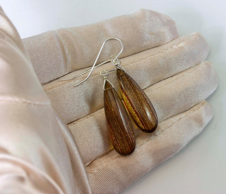 Art Glass Earrings Smooth Long Teardrops Golden Amber 14k Gold Filled or Sterling Silver AAA cut iridescent colors simple daily wear drops