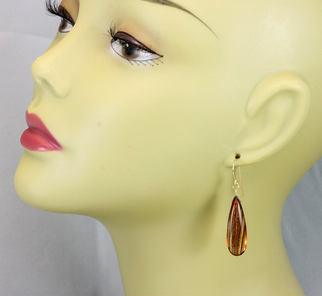 Art Glass Earrings Smooth Long Teardrops Golden Amber 14k Gold Filled or Sterling Silver AAA cut iridescent colors simple daily wear drops