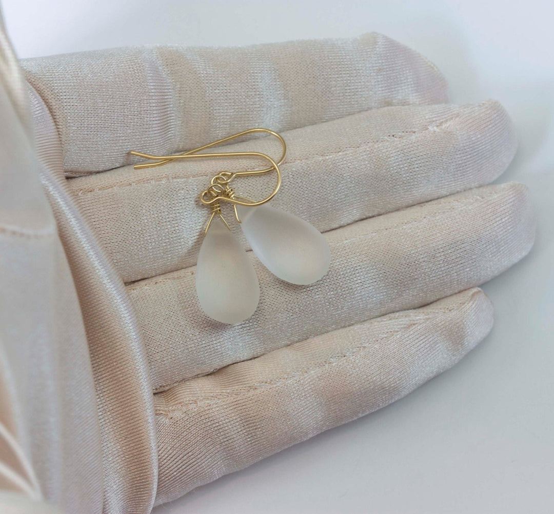 Crystal Clear Quartz Earrings Sterling Silver or 14k Solid Gold  or Filled Teardrop Dangle Natural Smooth Frosted Matte  Look of Sea Glass