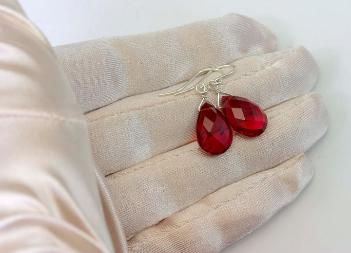Red Ruby Earrings Pear Shaped Simulated Teardrop Dangle faceted Sterling Silver or 14k Gold Filled Red Quartzite Puffed Shape Simple