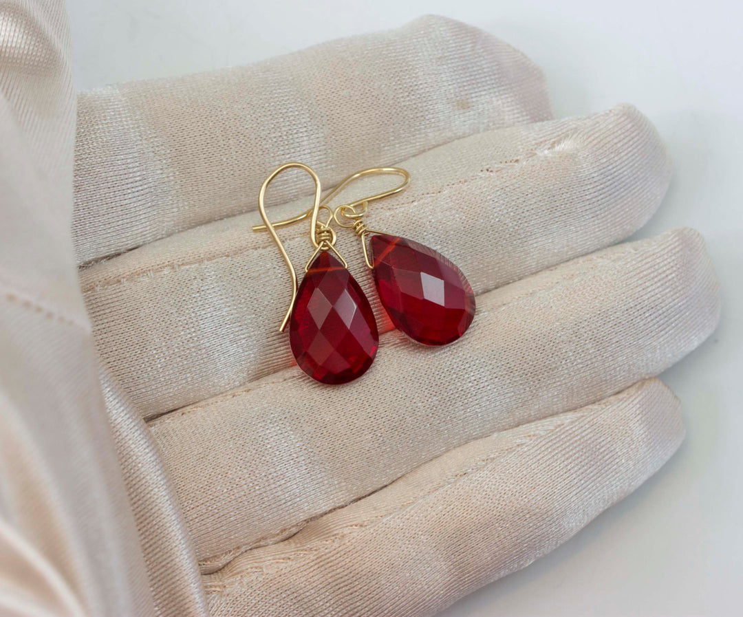 Red Ruby Earrings Pear Shaped Simulated Teardrop Dangle faceted Sterling Silver or 14k Gold Filled Red Quartzite Puffed Shape Simple