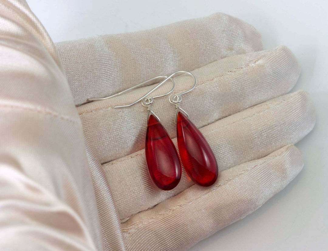Red Ruby Earrings Pear Shaped Simulated Teardrop Dangle Long Smooth Sterling Silver or 14k Gold Filled Red Quartzite Puffed Shape Simple