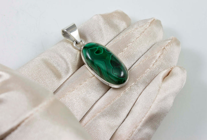 Malachite Pendant Sterling Silver Green Long Oval Necklace Pendant Bezel Set Real Natural  Smooth Striped Cabachon Simple Daily Wear Classic