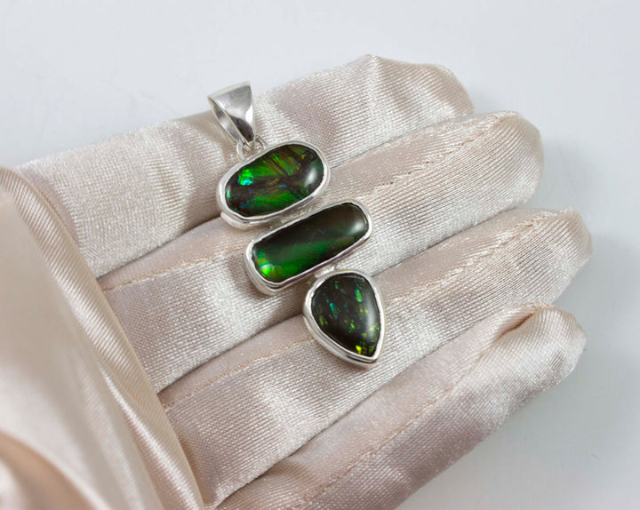 Ammolite Pendant Necklace  Bezel Set Cabachon Triple Specimen Iridescent Rainbow Greens Simple Unique Design Sterling Silver
