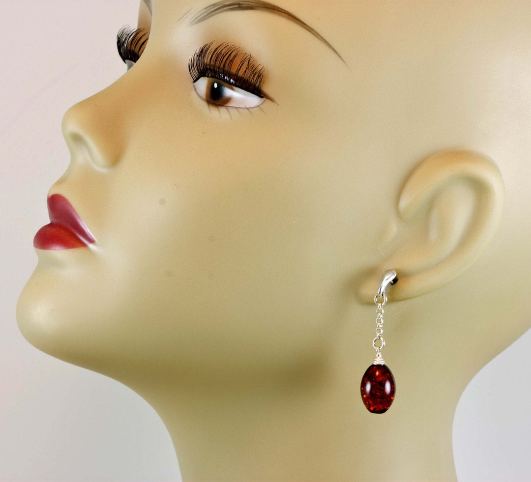 Amber Earrings Sterling Silver Honey Smooth Long Chain Style Teardrop Post Studs Dangles Lightweight Rich Yellow Rounded Drops