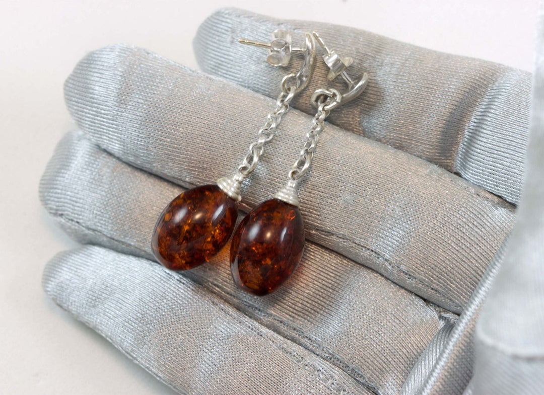 Amber Earrings Sterling Silver Honey Smooth Long Chain Style Teardrop Post Studs Dangles Lightweight Rich Yellow Rounded Drops