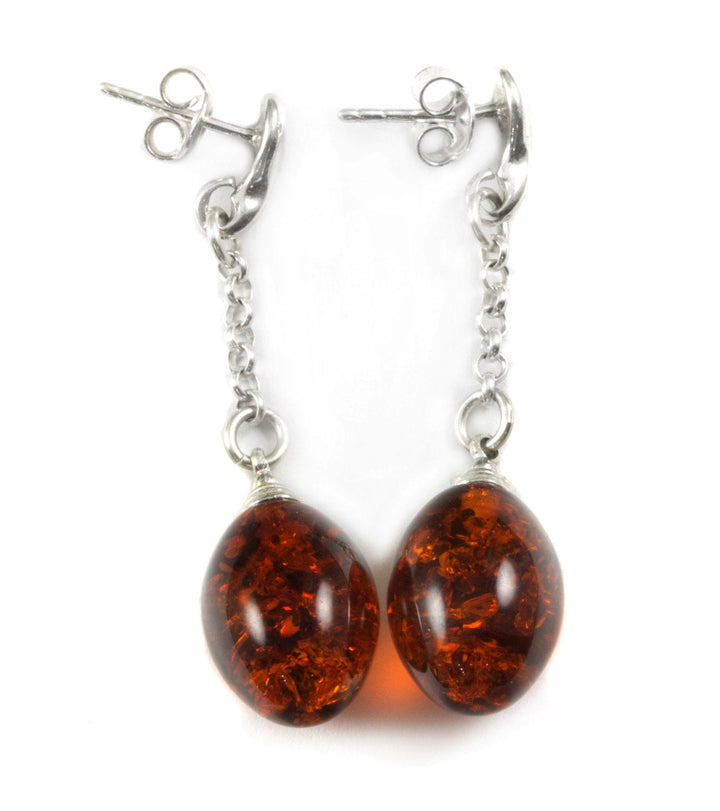 Amber Earrings Sterling Silver Honey Smooth Long Chain Style Teardrop Post Studs Dangles Lightweight Rich Yellow Rounded Drops