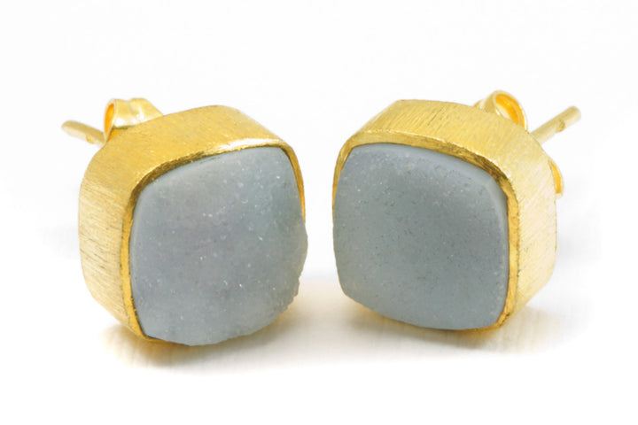 Grey Drusy Earrings Gold Post Studs Earrings Bezel Set Teardrop Shape Brushed Gold Finish Classic Simple Daily Wear