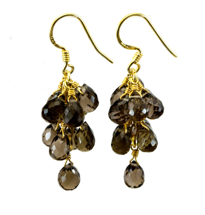 Smoky Quartz Earrings Cluster Style 14k Solid Gold or Filled Micro Faceted Multiple Briolettes Chandelier Natural Smokey  Grey 1 1/2 Inches