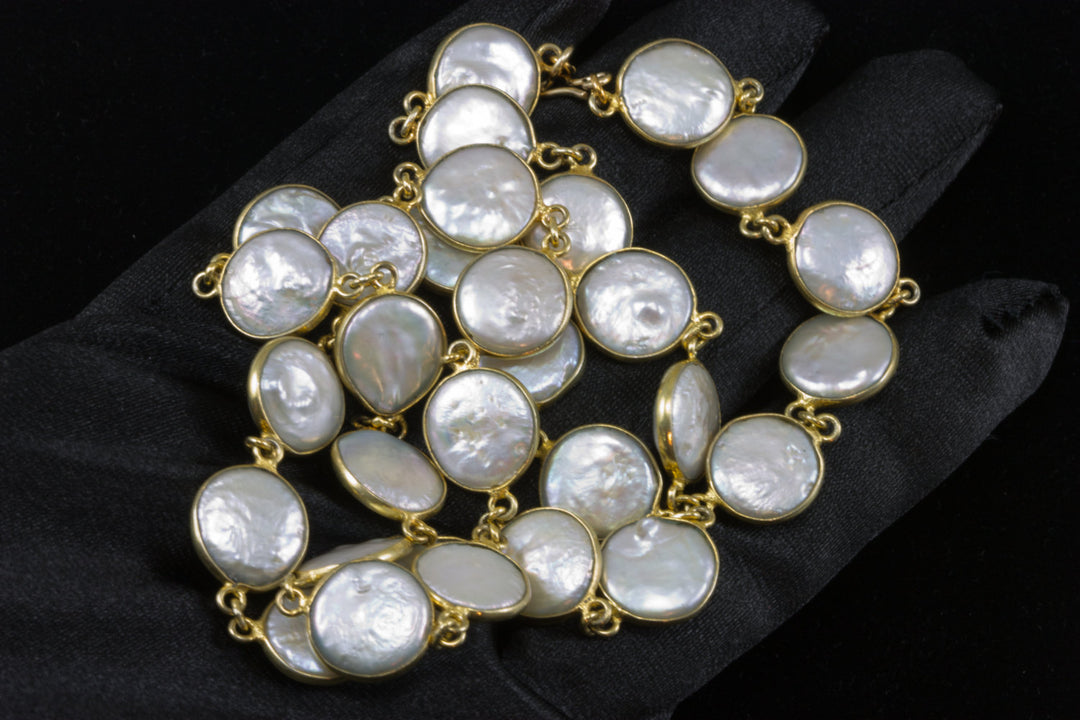 Button Pearl Necklace Bezel Set Pearls 24 Inches 14k Gold Filled and Plate Simple Clasp Chain High Luster Cultured Freshwater Pearls Classic