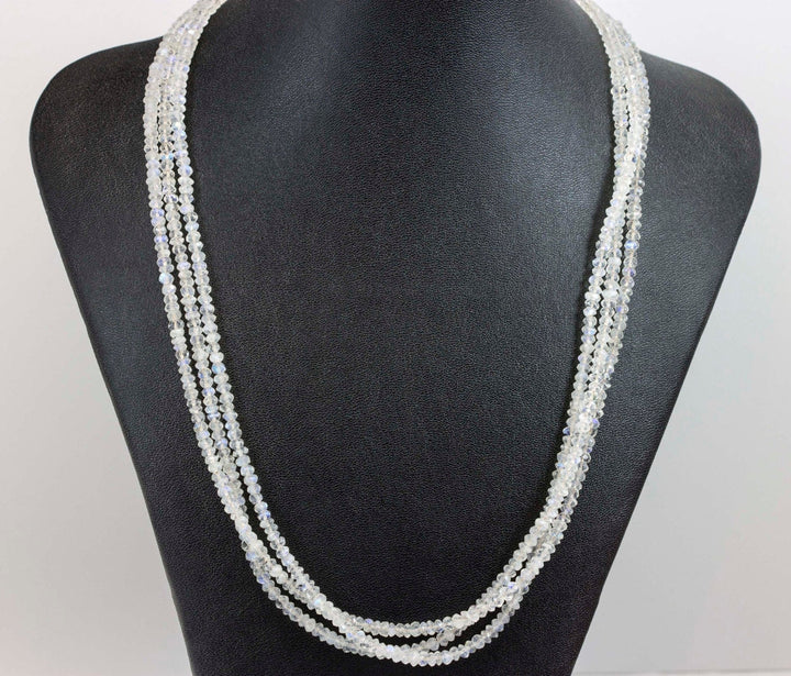 Moonstone Necklace or Wrap Bracelet Faceted 14k Gold Fill 21 22 7 8 Inches Natural Rainbow Blue Three Strands Wear Straight or Twist 4mm