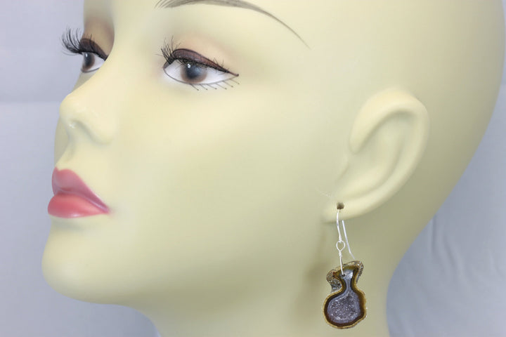 Baby Geode Earrings Tabasco Unique Gray Druzy Oval Sterling Silver Polished Small Natural Drusy Quartz Halved Geodes Paired AAA Drops