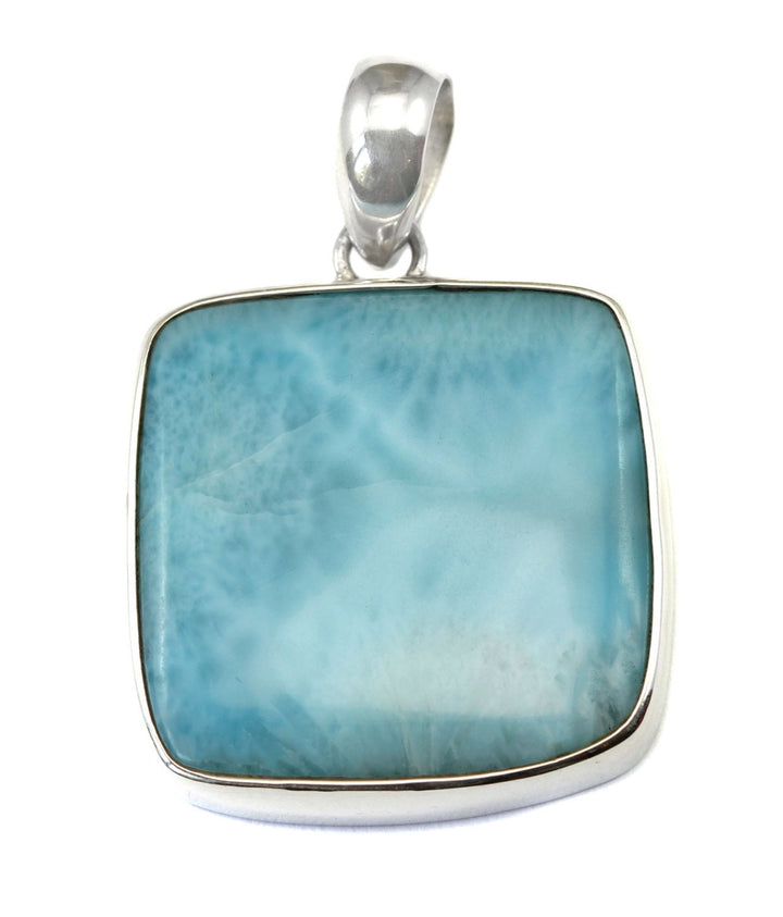 Natural Larimar Necklace Pendant smooth Sterling Silver Square Bezel Set Cabachon Simple Design Baby Blue Large Simple classic design