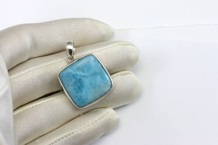 Natural Larimar Necklace Pendant smooth Sterling Silver Square Bezel Set Cabachon Simple Design Baby Blue Large Simple classic design
